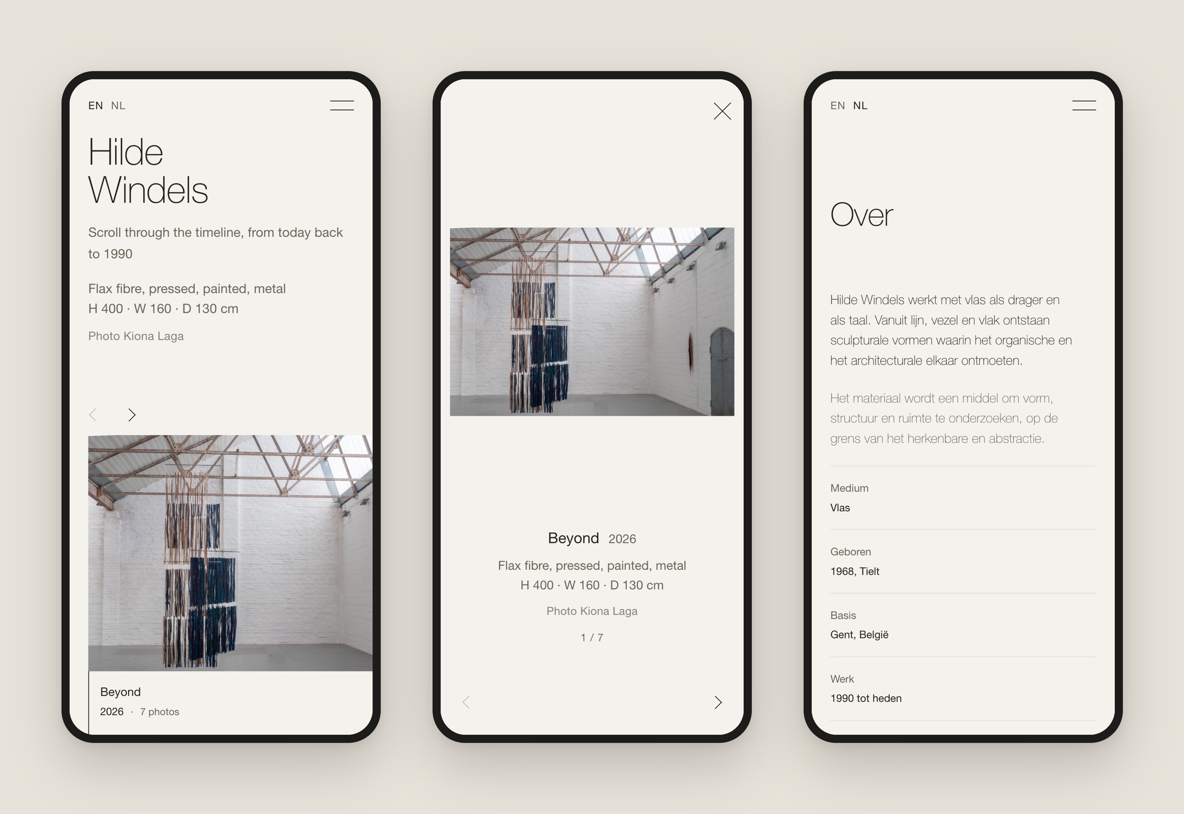 De website op de gsm: tijdslijn, fotoweergave en de pagina Over